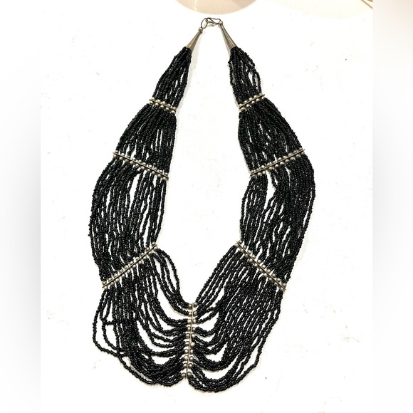 Vintage Multi Strand Hand Strung, Native, Black Seed Bead, Cleopatra Necklace. - Picture 6 of 8